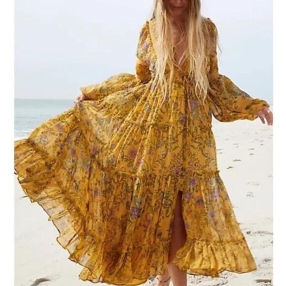 Free People Dresses & Skirts - Free People Cassis Chiffon Maxi Dress Turmeric Floral Tiered Boho Festival Large